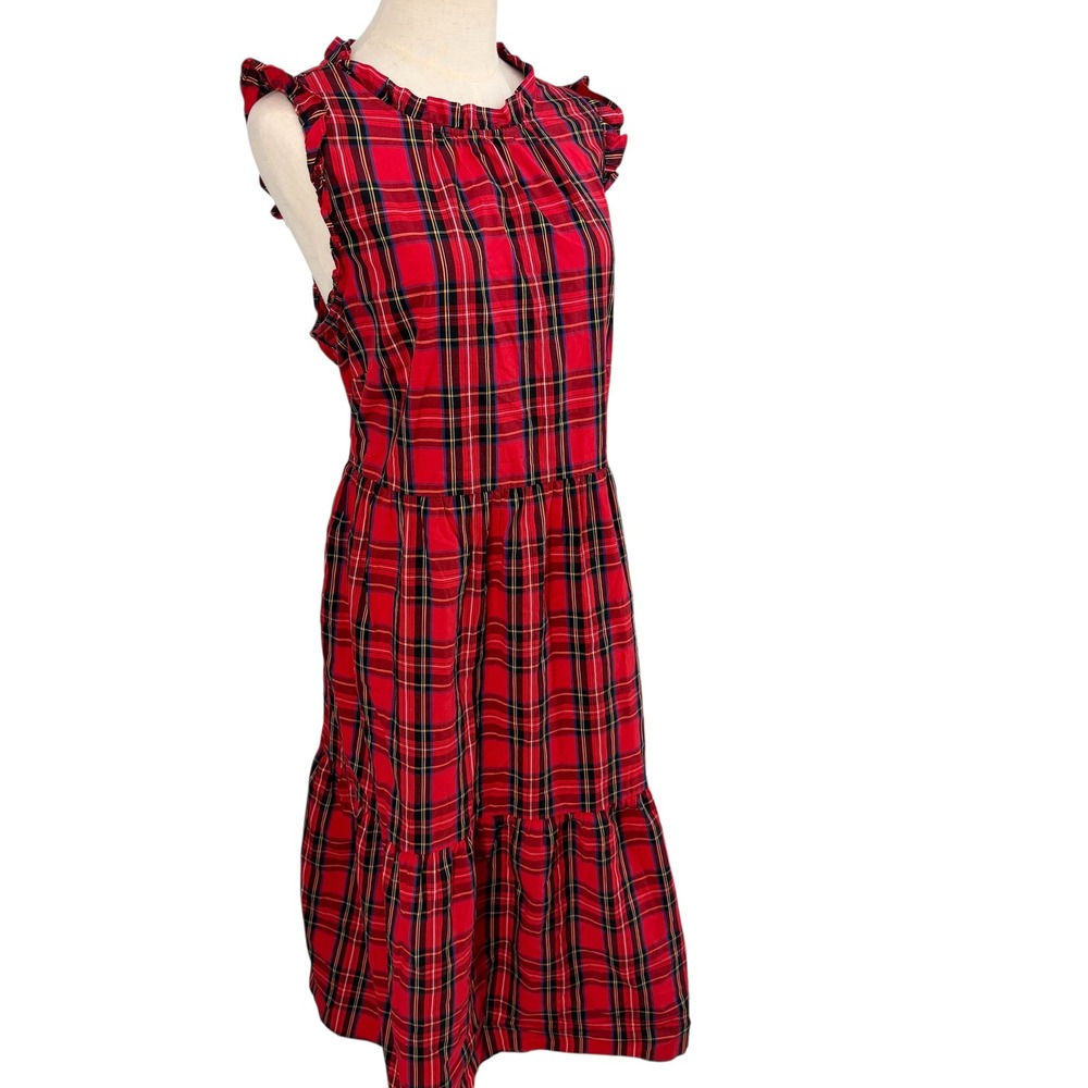 J Crew Plaid Dress Womens 18 Red Tartan Ruffle Tiered Sleeveless Maxi Plaid